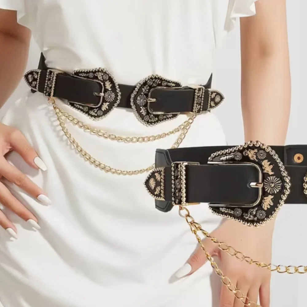 NEW ! Boho Black and Gold Chain Embellished Belt